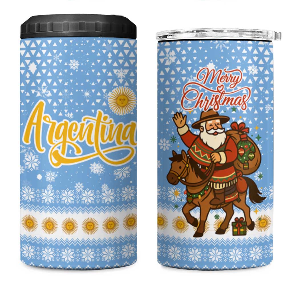 Argentina Christmas 4 in 1 Can Cooler Tumbler with Blue-White Snowflake Pattern, Sun Emblem, and Gaucho Santa Riding Horse Motif - Wonder Print Shop