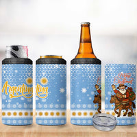 Argentina Christmas 4 in 1 Can Cooler Tumbler with Blue-White Snowflake Pattern, Sun Emblem, and Gaucho Santa Riding Horse Motif - Wonder Print Shop