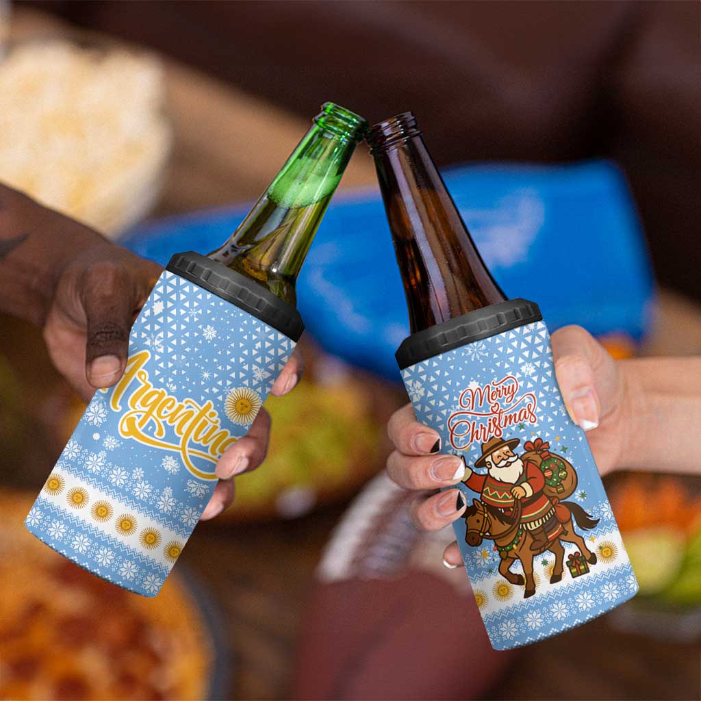 Argentina Christmas 4 in 1 Can Cooler Tumbler with Blue-White Snowflake Pattern, Sun Emblem, and Gaucho Santa Riding Horse Motif - Wonder Print Shop