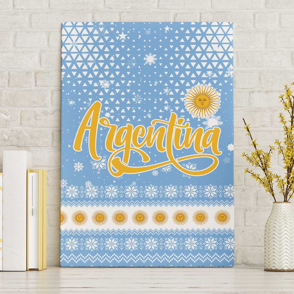 Argentina Christmas Canvas Wall Art with Blue-White Snowflake Pattern, Sun Emblem, and Gaucho Santa Riding Horse Motif - Wonder Print Shop
