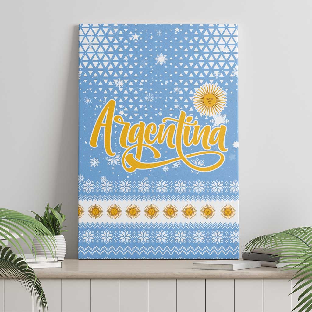 Argentina Christmas Canvas Wall Art with Blue-White Snowflake Pattern, Sun Emblem, and Gaucho Santa Riding Horse Motif - Wonder Print Shop