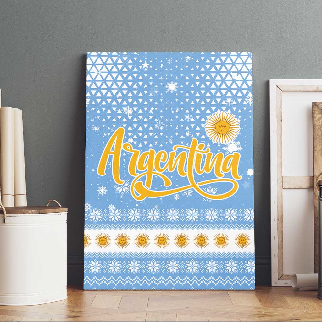 Argentina Christmas Canvas Wall Art with Blue-White Snowflake Pattern, Sun Emblem, and Gaucho Santa Riding Horse Motif - Wonder Print Shop