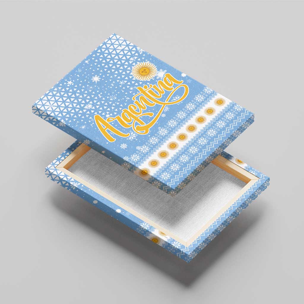 Argentina Christmas Canvas Wall Art with Blue-White Snowflake Pattern, Sun Emblem, and Gaucho Santa Riding Horse Motif - Wonder Print Shop