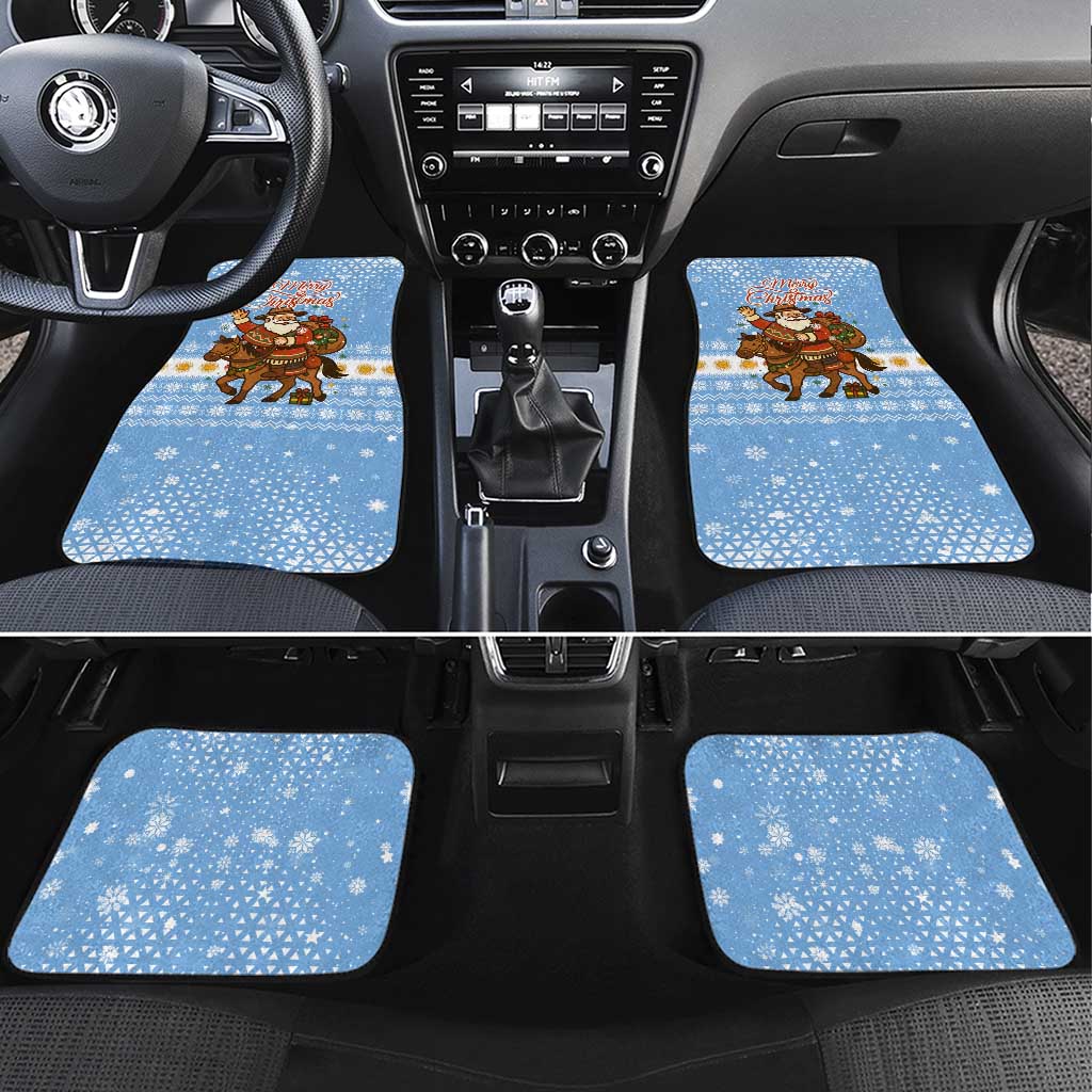 Argentina Christmas Car Mats with Blue-White Snowflake Pattern, Sun Emblem, and Gaucho Santa Riding Horse Motif - Wonder Print Shop