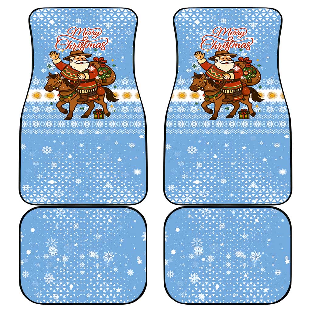 Argentina Christmas Car Mats with Blue-White Snowflake Pattern, Sun Emblem, and Gaucho Santa Riding Horse Motif - Wonder Print Shop