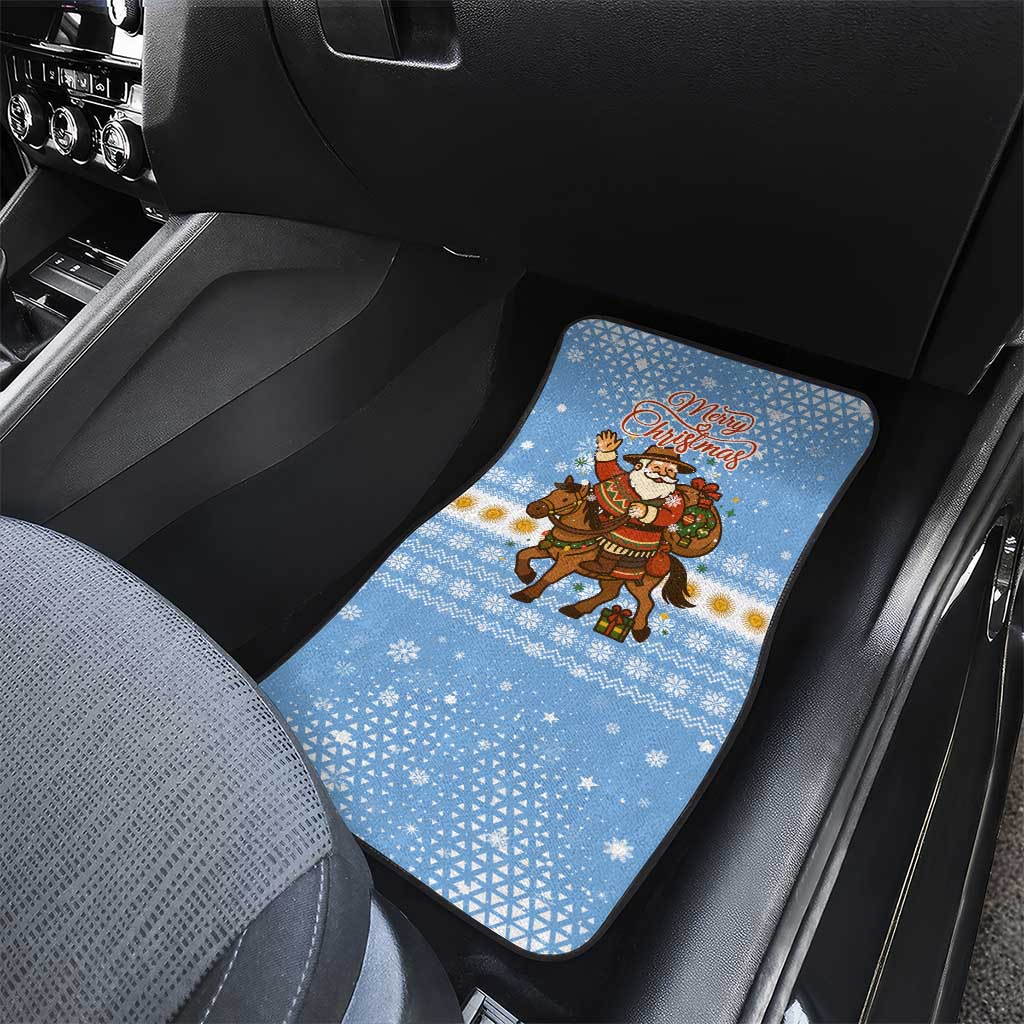 Argentina Christmas Car Mats with Blue-White Snowflake Pattern, Sun Emblem, and Gaucho Santa Riding Horse Motif - Wonder Print Shop