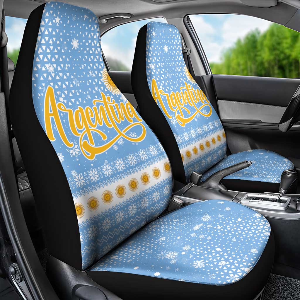 Argentina Christmas Car Seat Cover with Blue-White Snowflake Pattern, Sun Emblem, and Gaucho Santa Riding Horse Motif - Wonder Print Shop