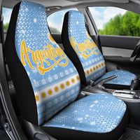 Argentina Christmas Car Seat Cover with Blue-White Snowflake Pattern, Sun Emblem, and Gaucho Santa Riding Horse Motif - Wonder Print Shop
