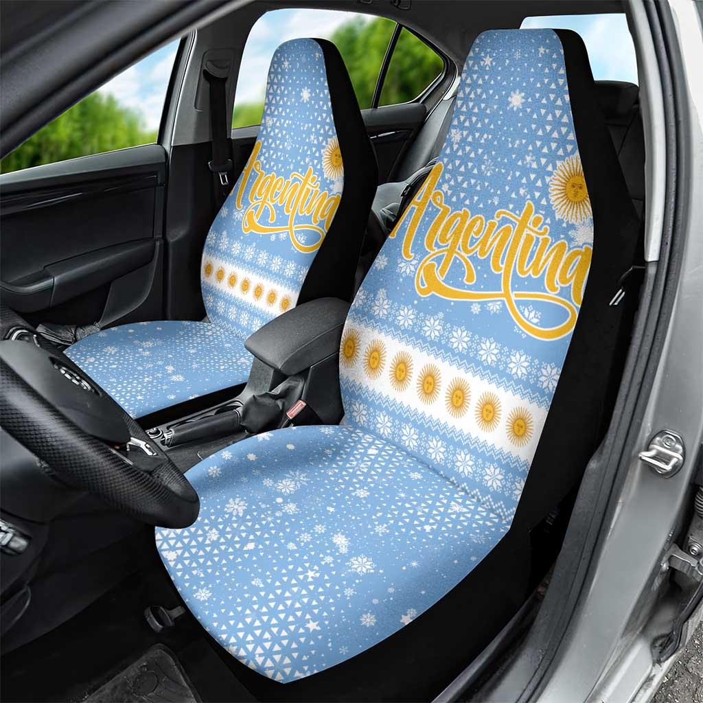 Argentina Christmas Car Seat Cover with Blue-White Snowflake Pattern, Sun Emblem, and Gaucho Santa Riding Horse Motif - Wonder Print Shop