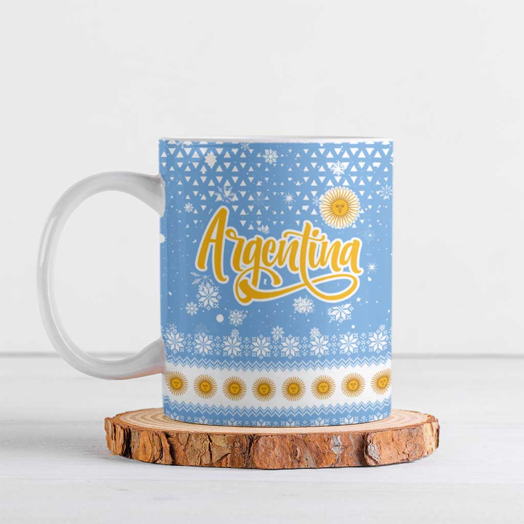 Argentina Christmas Ceramic Mug with Blue-White Snowflake Pattern, Sun Emblem, and Gaucho Santa Riding Horse Motif - Wonder Print Shop
