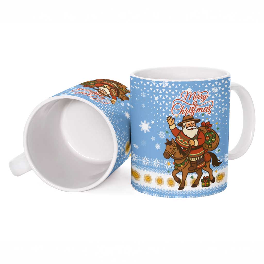 Argentina Christmas Ceramic Mug with Blue-White Snowflake Pattern, Sun Emblem, and Gaucho Santa Riding Horse Motif - Wonder Print Shop