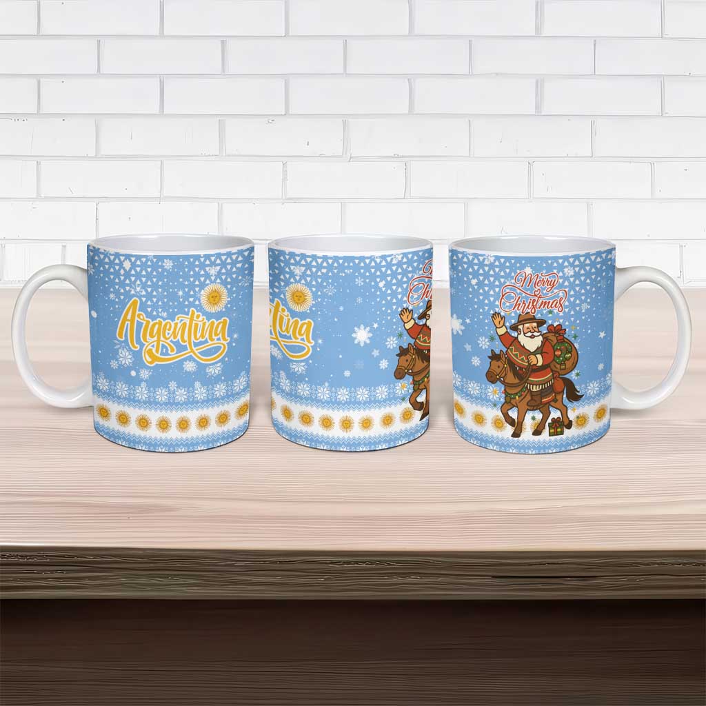 Argentina Christmas Ceramic Mug with Blue-White Snowflake Pattern, Sun Emblem, and Gaucho Santa Riding Horse Motif - Wonder Print Shop