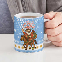 Argentina Christmas Ceramic Mug with Blue-White Snowflake Pattern, Sun Emblem, and Gaucho Santa Riding Horse Motif - Wonder Print Shop