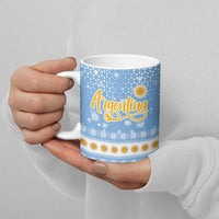 Argentina Christmas Ceramic Mug with Blue-White Snowflake Pattern, Sun Emblem, and Gaucho Santa Riding Horse Motif - Wonder Print Shop