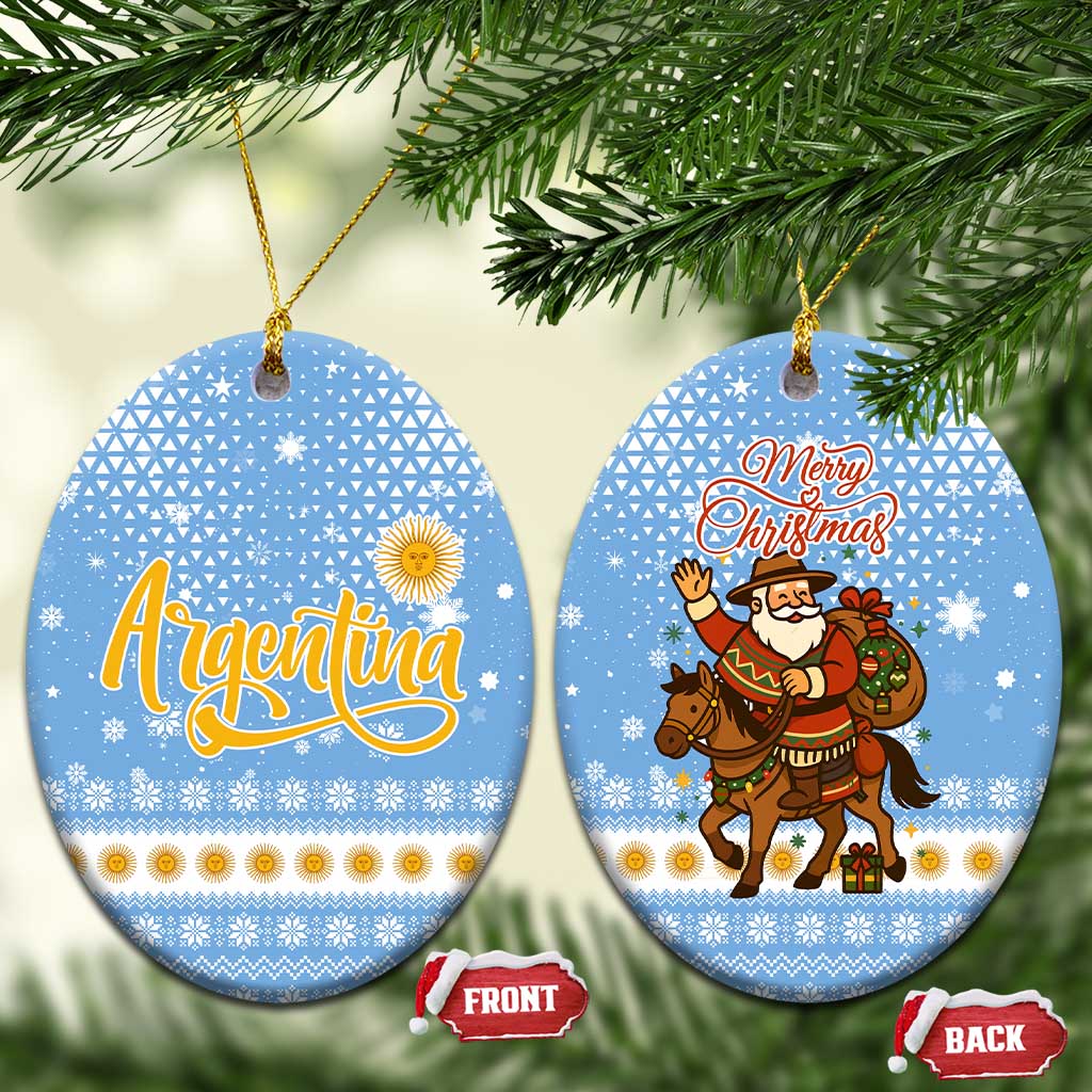 Argentina Christmas Ceramic Ornament with Blue-White Snowflake Pattern, Sun Emblem, and Gaucho Santa Riding Horse Motif - Wonder Print Shop