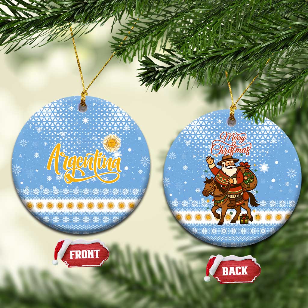 Argentina Christmas Ceramic Ornament with Blue-White Snowflake Pattern, Sun Emblem, and Gaucho Santa Riding Horse Motif - Wonder Print Shop