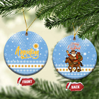 Argentina Christmas Ceramic Ornament with Blue-White Snowflake Pattern, Sun Emblem, and Gaucho Santa Riding Horse Motif - Wonder Print Shop