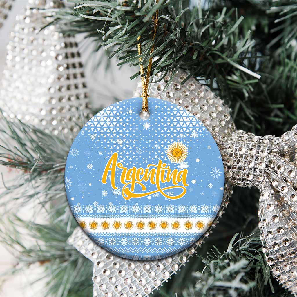 Argentina Christmas Ceramic Ornament with Blue-White Snowflake Pattern, Sun Emblem, and Gaucho Santa Riding Horse Motif - Wonder Print Shop