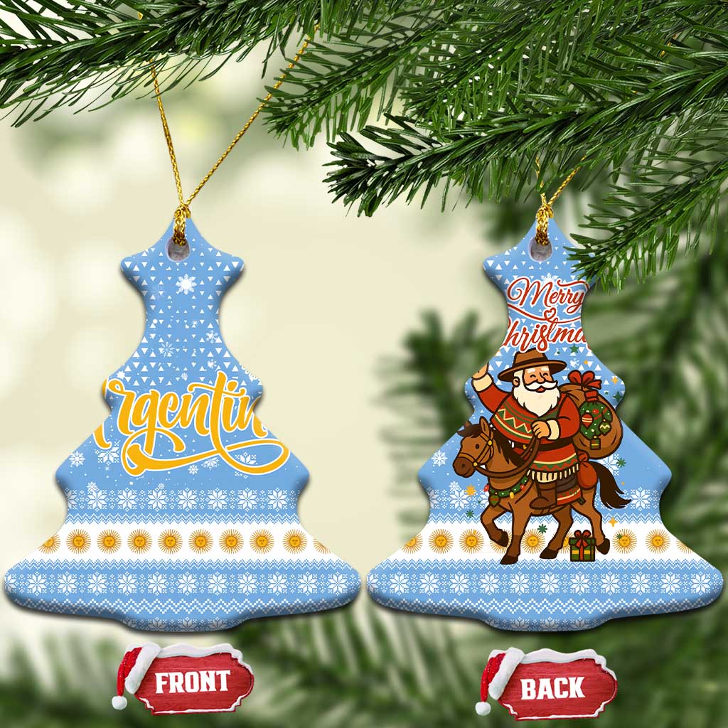 Argentina Christmas Ceramic Ornament with Blue-White Snowflake Pattern, Sun Emblem, and Gaucho Santa Riding Horse Motif - Wonder Print Shop