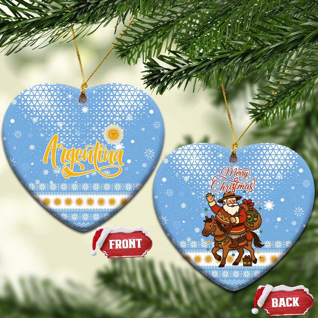 Argentina Christmas Ceramic Ornament with Blue-White Snowflake Pattern, Sun Emblem, and Gaucho Santa Riding Horse Motif - Wonder Print Shop