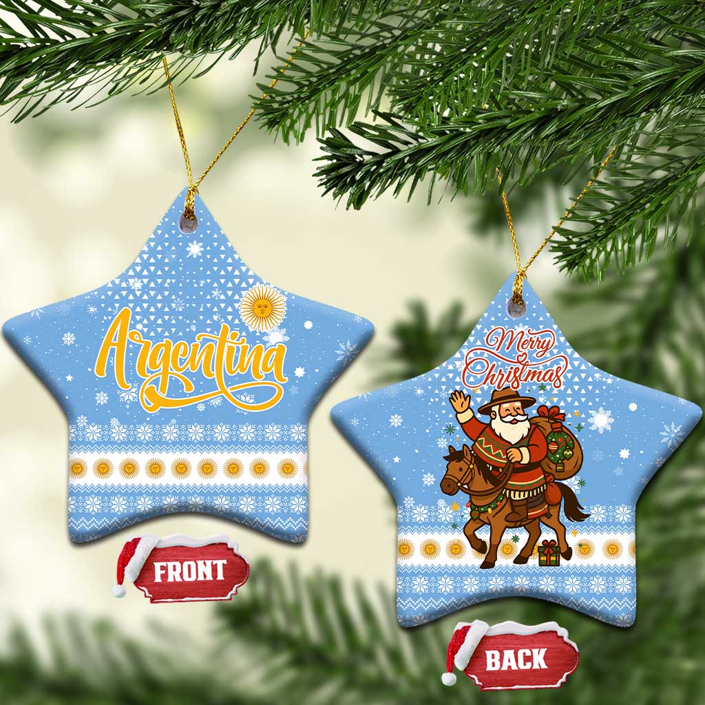 Argentina Christmas Ceramic Ornament with Blue-White Snowflake Pattern, Sun Emblem, and Gaucho Santa Riding Horse Motif - Wonder Print Shop