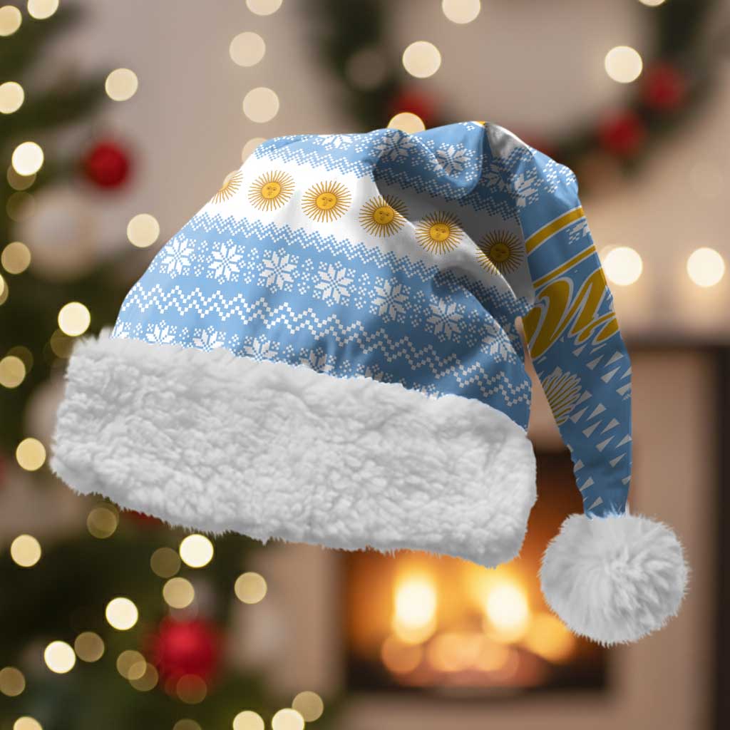 Argentina Christmas Santa Hat with Blue-White Snowflake Pattern, Sun Emblem, and Gaucho Santa Riding Horse Motif - Wonder Print Shop