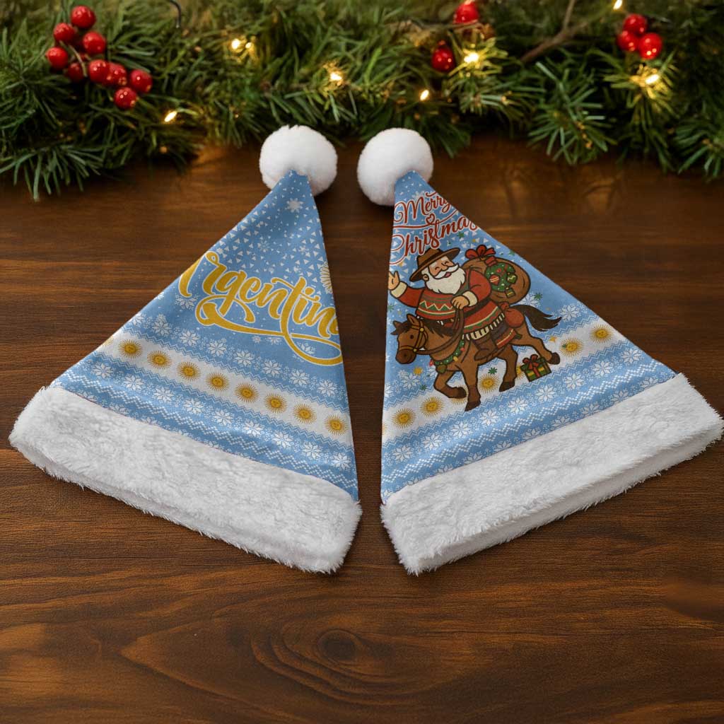 Argentina Christmas Santa Hat with Blue-White Snowflake Pattern, Sun Emblem, and Gaucho Santa Riding Horse Motif - Wonder Print Shop