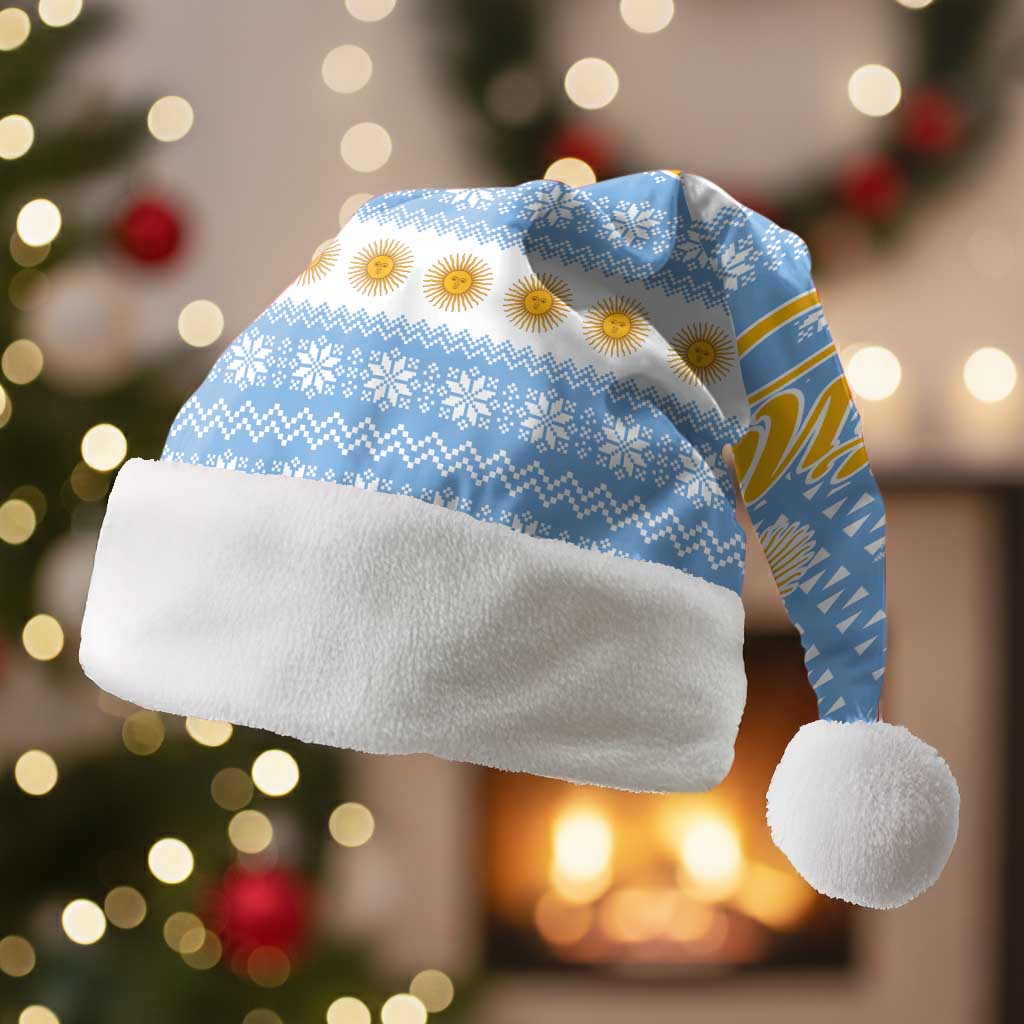 Argentina Christmas Santa Hat with Blue-White Snowflake Pattern, Sun Emblem, and Gaucho Santa Riding Horse Motif - Wonder Print Shop
