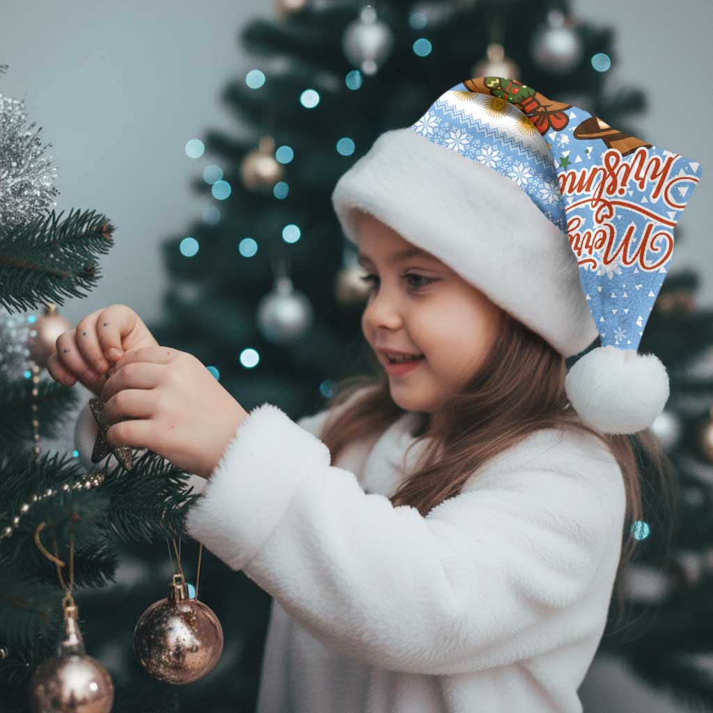 Argentina Christmas Santa Hat with Blue-White Snowflake Pattern, Sun Emblem, and Gaucho Santa Riding Horse Motif - Wonder Print Shop