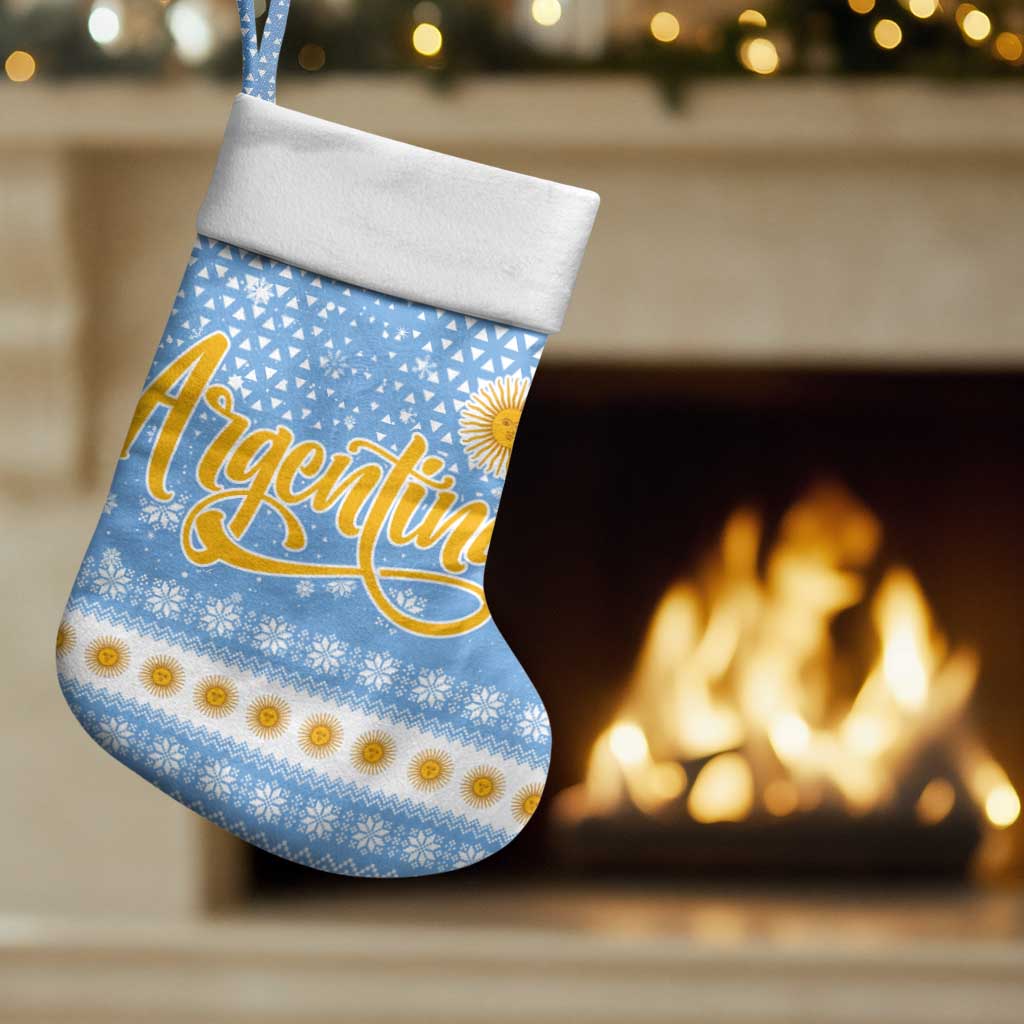 Argentina Christmas Stocking with Blue-White Snowflake Pattern, Sun Emblem, and Gaucho Santa Riding Horse Motif - Wonder Print Shop