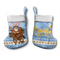Argentina Christmas Stocking with Blue-White Snowflake Pattern, Sun Emblem, and Gaucho Santa Riding Horse Motif - Wonder Print Shop