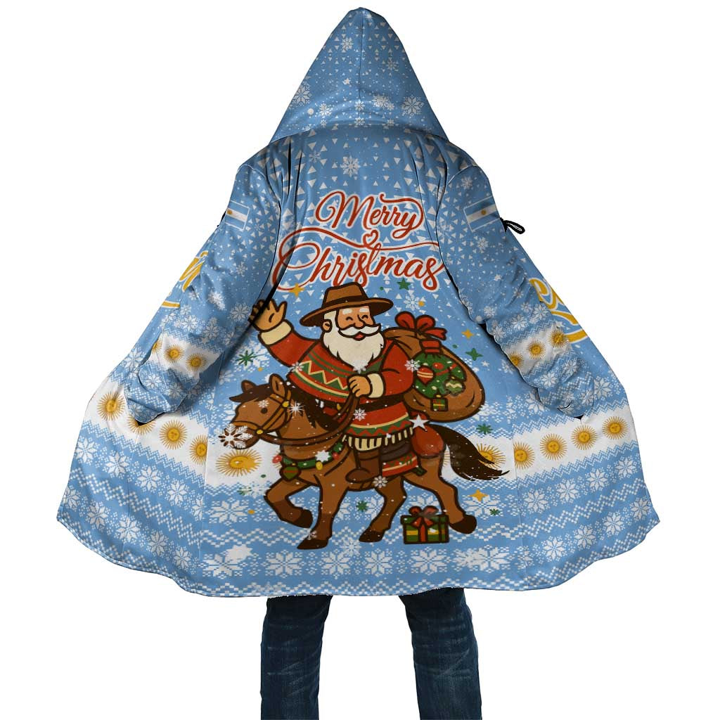 Argentina Christmas Cloak with Blue-White Snowflake Pattern, Sun Emblem, and Gaucho Santa Riding Horse Motif - Wonder Print Shop