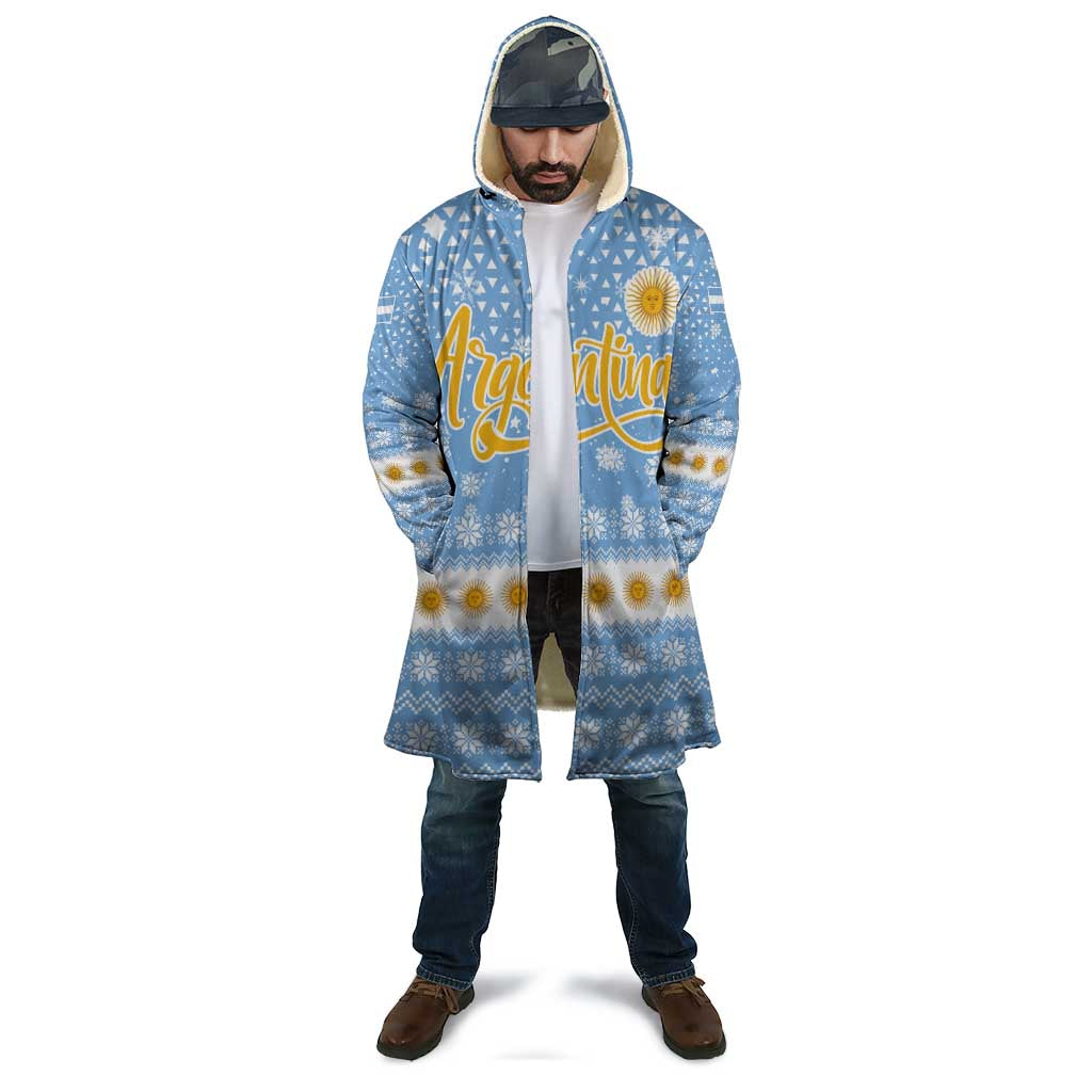 Argentina Christmas Cloak with Blue-White Snowflake Pattern, Sun Emblem, and Gaucho Santa Riding Horse Motif - Wonder Print Shop