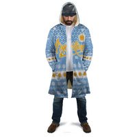 Argentina Christmas Cloak with Blue-White Snowflake Pattern, Sun Emblem, and Gaucho Santa Riding Horse Motif - Wonder Print Shop