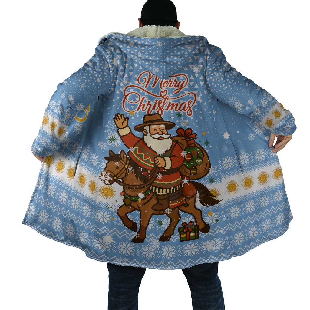 Argentina Christmas Cloak with Blue-White Snowflake Pattern, Sun Emblem, and Gaucho Santa Riding Horse Motif - Wonder Print Shop