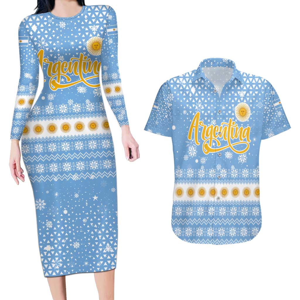 Argentina Christmas Couples Matching Long Sleeve Bodycon Dress and Hawaiian Shirt with Blue-White Snowflake Pattern, Sun Emblem, and Gaucho Santa Riding Horse Motif - Wonder Print Shop