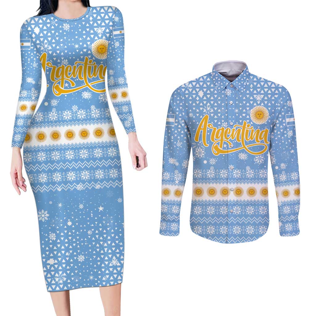 Argentina Christmas Couples Matching Long Sleeve Bodycon Dress and Long Sleeve Button Shirt with Blue-White Snowflake Pattern, Sun Emblem, and Gaucho Santa Riding Horse Motif - Wonder Print Shop