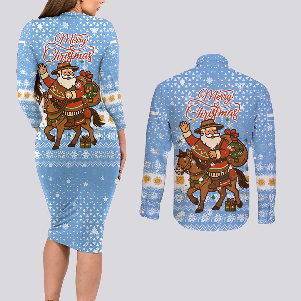 Argentina Christmas Couples Matching Long Sleeve Bodycon Dress and Long Sleeve Button Shirt with Blue-White Snowflake Pattern, Sun Emblem, and Gaucho Santa Riding Horse Motif - Wonder Print Shop