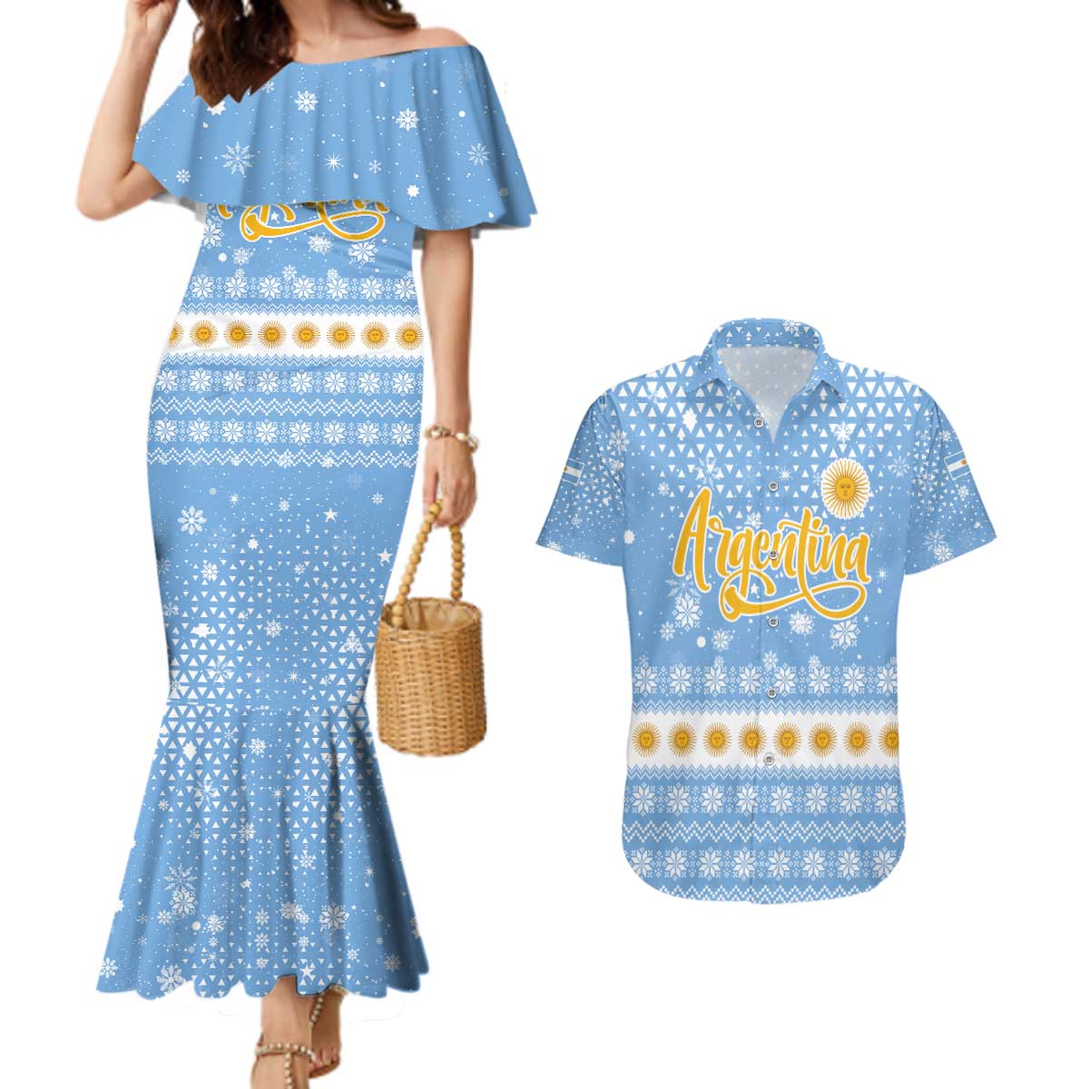 Argentina Christmas Couples Matching Mermaid Dress and Hawaiian Shirt with Blue-White Snowflake Pattern, Sun Emblem, and Gaucho Santa Riding Horse Motif - Wonder Print Shop