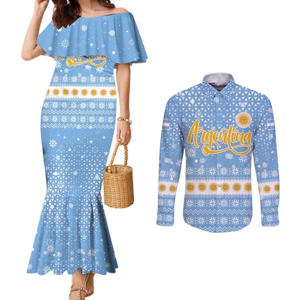 Argentina Christmas Couples Matching Mermaid Dress and Long Sleeve Button Shirt with Blue-White Snowflake Pattern, Sun Emblem, and Gaucho Santa Riding Horse Motif - Wonder Print Shop