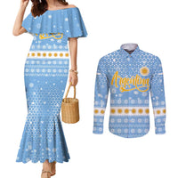 Argentina Christmas Couples Matching Mermaid Dress and Long Sleeve Button Shirt with Blue-White Snowflake Pattern, Sun Emblem, and Gaucho Santa Riding Horse Motif - Wonder Print Shop