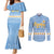 Argentina Christmas Couples Matching Mermaid Dress and Long Sleeve Button Shirt with Blue-White Snowflake Pattern, Sun Emblem, and Gaucho Santa Riding Horse Motif - Wonder Print Shop