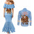 Argentina Christmas Couples Matching Mermaid Dress and Long Sleeve Button Shirt with Blue-White Snowflake Pattern, Sun Emblem, and Gaucho Santa Riding Horse Motif - Wonder Print Shop