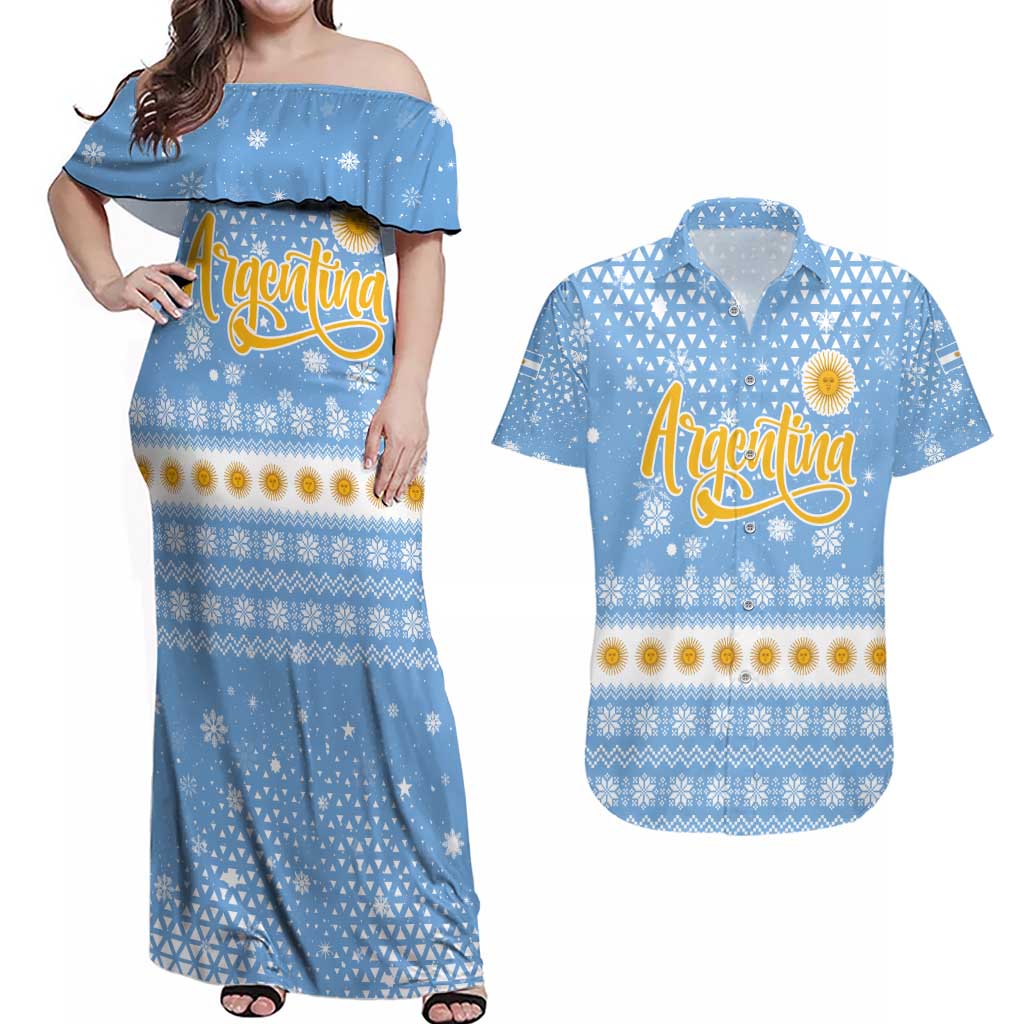 Argentina Christmas Couples Matching Off Shoulder Maxi Dress and Hawaiian Shirt with Blue-White Snowflake Pattern, Sun Emblem, and Gaucho Santa Riding Horse Motif - Wonder Print Shop