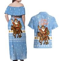 Argentina Christmas Couples Matching Off Shoulder Maxi Dress and Hawaiian Shirt with Blue-White Snowflake Pattern, Sun Emblem, and Gaucho Santa Riding Horse Motif - Wonder Print Shop