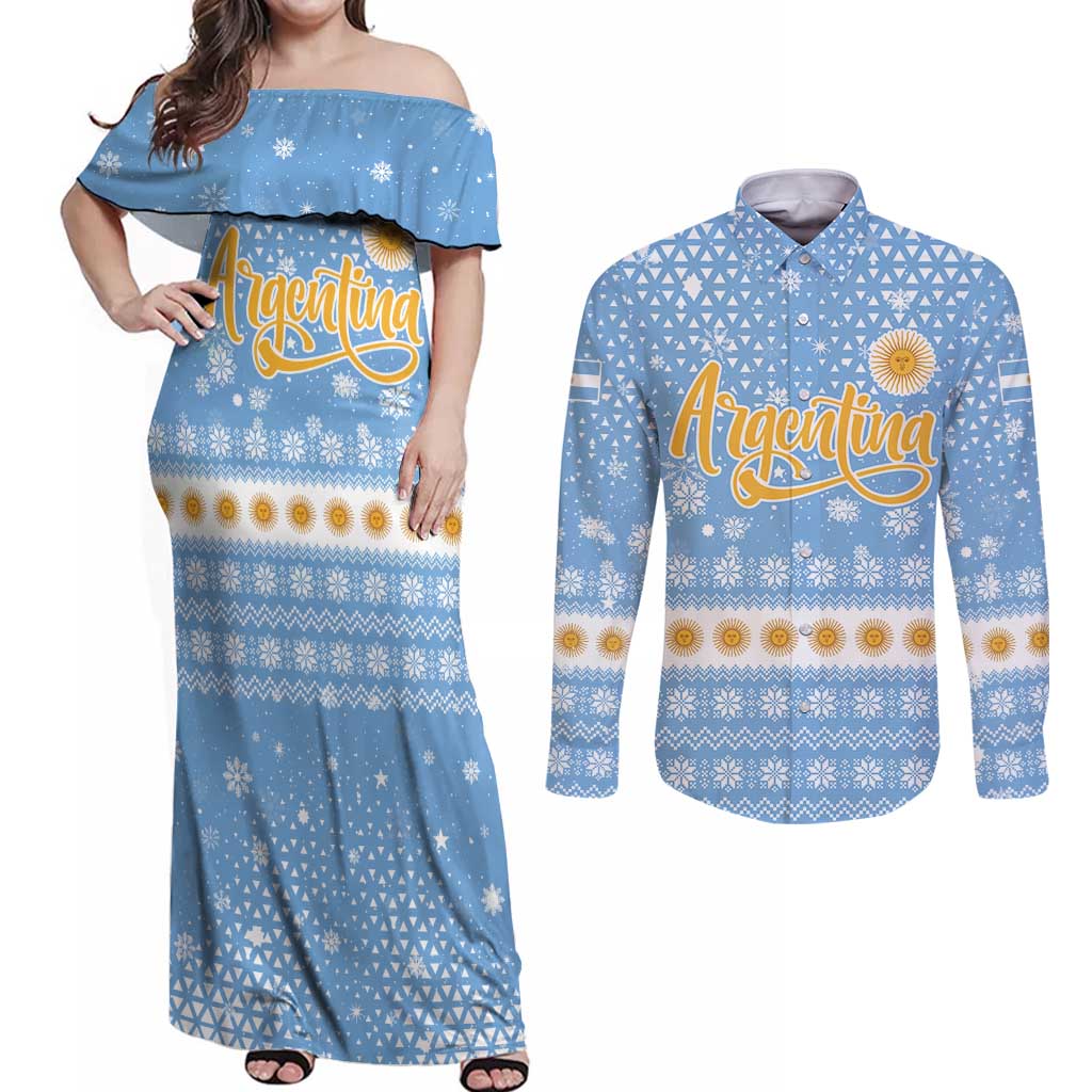 Argentina Christmas Couples Matching Off Shoulder Maxi Dress and Long Sleeve Button Shirt with Blue-White Snowflake Pattern, Sun Emblem, and Gaucho Santa Riding Horse Motif - Wonder Print Shop