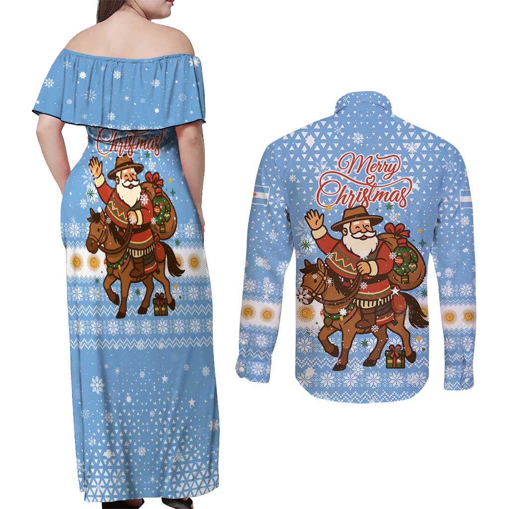 Argentina Christmas Couples Matching Off Shoulder Maxi Dress and Long Sleeve Button Shirt with Blue-White Snowflake Pattern, Sun Emblem, and Gaucho Santa Riding Horse Motif - Wonder Print Shop