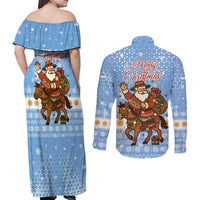 Argentina Christmas Couples Matching Off Shoulder Maxi Dress and Long Sleeve Button Shirt with Blue-White Snowflake Pattern, Sun Emblem, and Gaucho Santa Riding Horse Motif - Wonder Print Shop