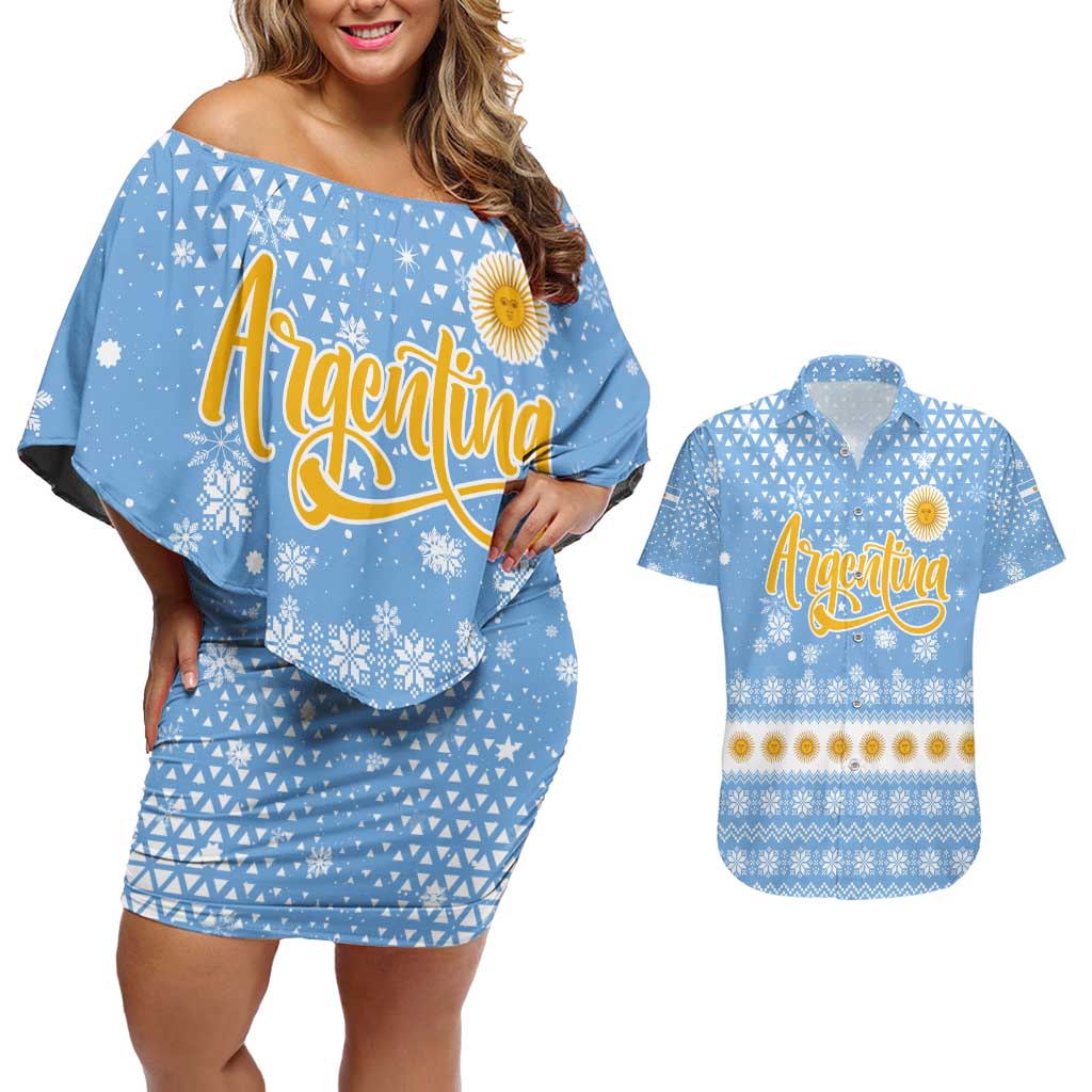 Argentina Christmas Couples Matching Off Shoulder Short Dress and Hawaiian Shirt with Blue-White Snowflake Pattern, Sun Emblem, and Gaucho Santa Riding Horse Motif - Wonder Print Shop