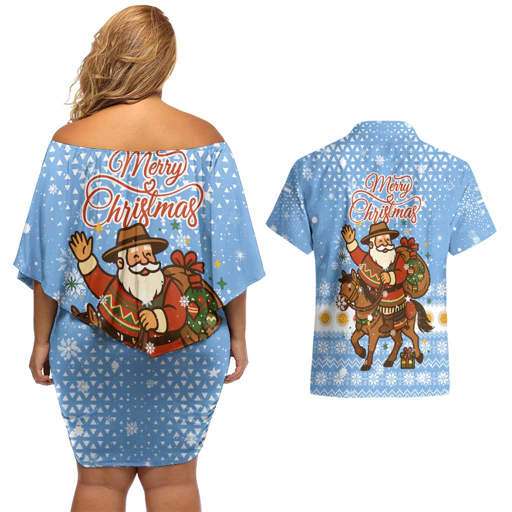 Argentina Christmas Couples Matching Off Shoulder Short Dress and Hawaiian Shirt with Blue-White Snowflake Pattern, Sun Emblem, and Gaucho Santa Riding Horse Motif - Wonder Print Shop